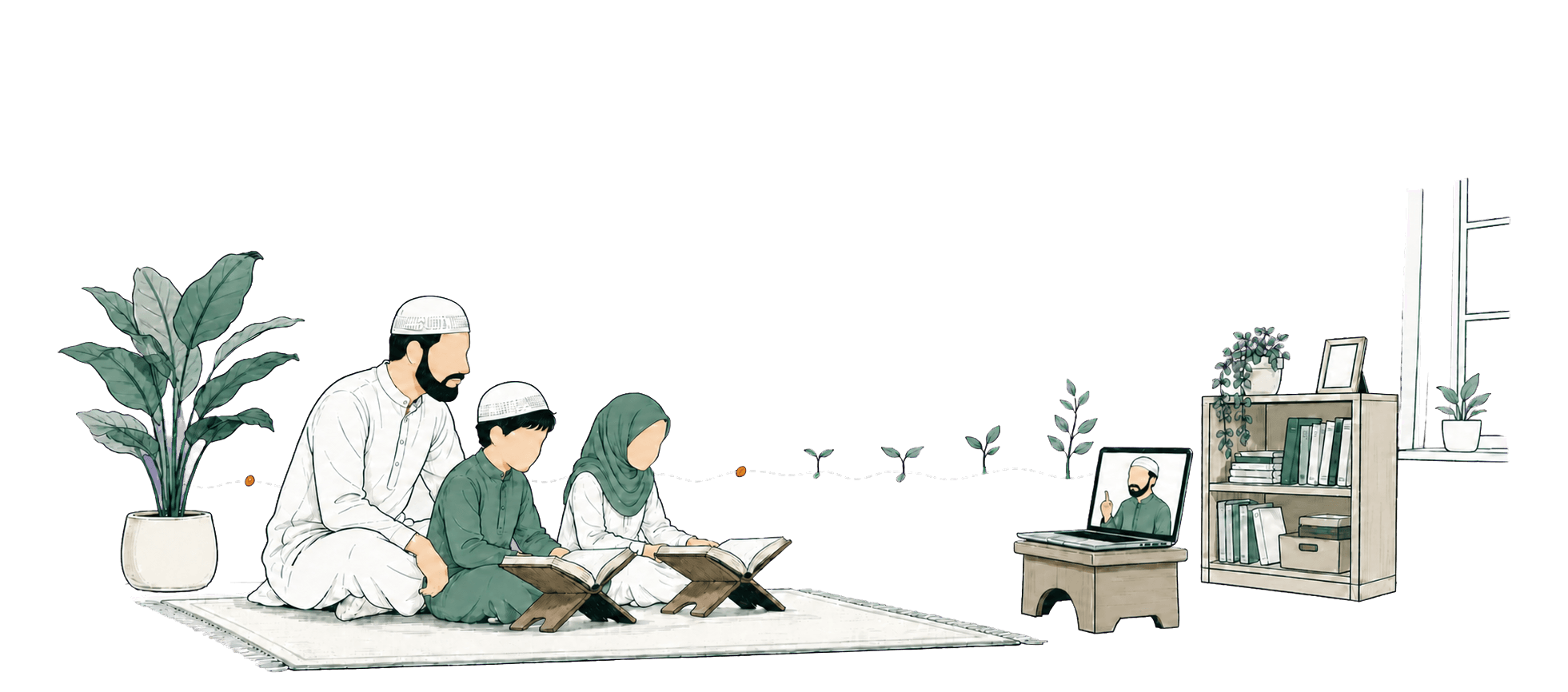 A parent and two children join a live Quran lesson from home.