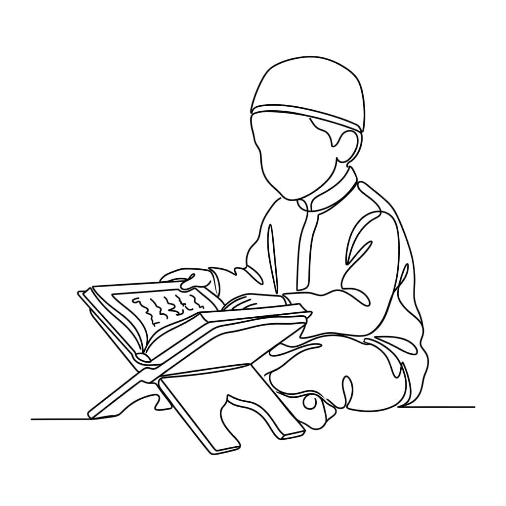A young learner reads from a Quran on a wooden stand.